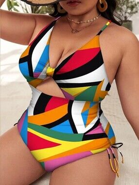 Plus Size One Piece Swimsuit | Colorful Geometric Monokini | Women's Swimsuit
